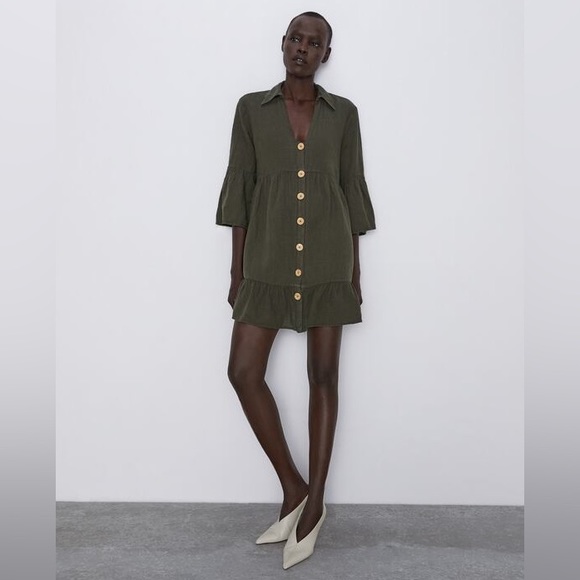 Zara Buttoned Ruffled Linen Blend Dress Green S - Picture 1 of 4